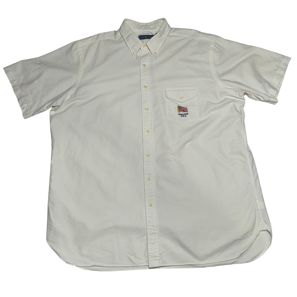 Ralph Lauren Mens 2XLT White Short Sleeve Button Down USA Flag Pocket Shirt